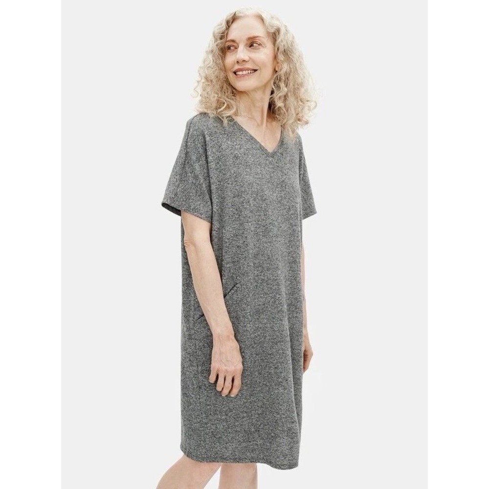 Eileen Fisher Tunic Dress Womens Medium Gray Organic Cotton Hemp V-Neck Pocket